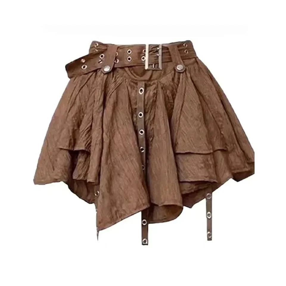 Vintage Spicy Girl Short Pleated Skirt Irregular Belt Mini Skirts Women'S Summer New Wasteland Heavy Embelliment Skirt Harajuku