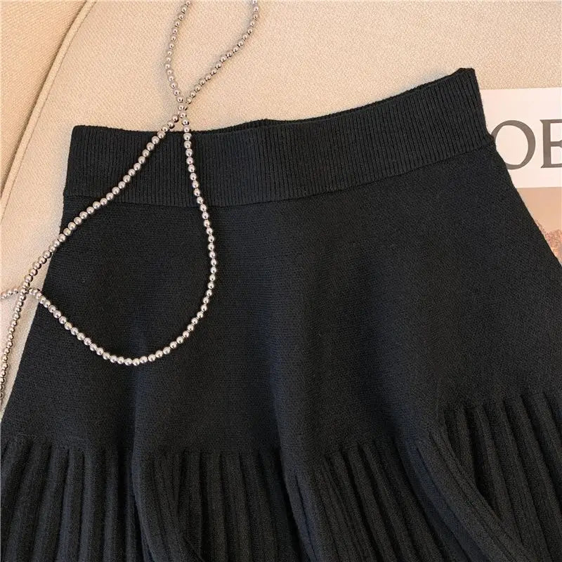Gray Pleated Mini Skirts Sweet Knitted Skirts Sweet Elastic Waist Casual Youthful For Women's New In Clothing Solid Short Dress