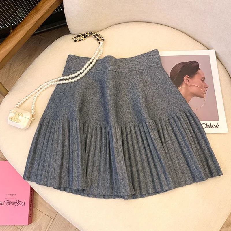 Gray Pleated Mini Skirts Sweet Knitted Skirts Sweet Elastic Waist Casual Youthful For Women's New In Clothing Solid Short Dress