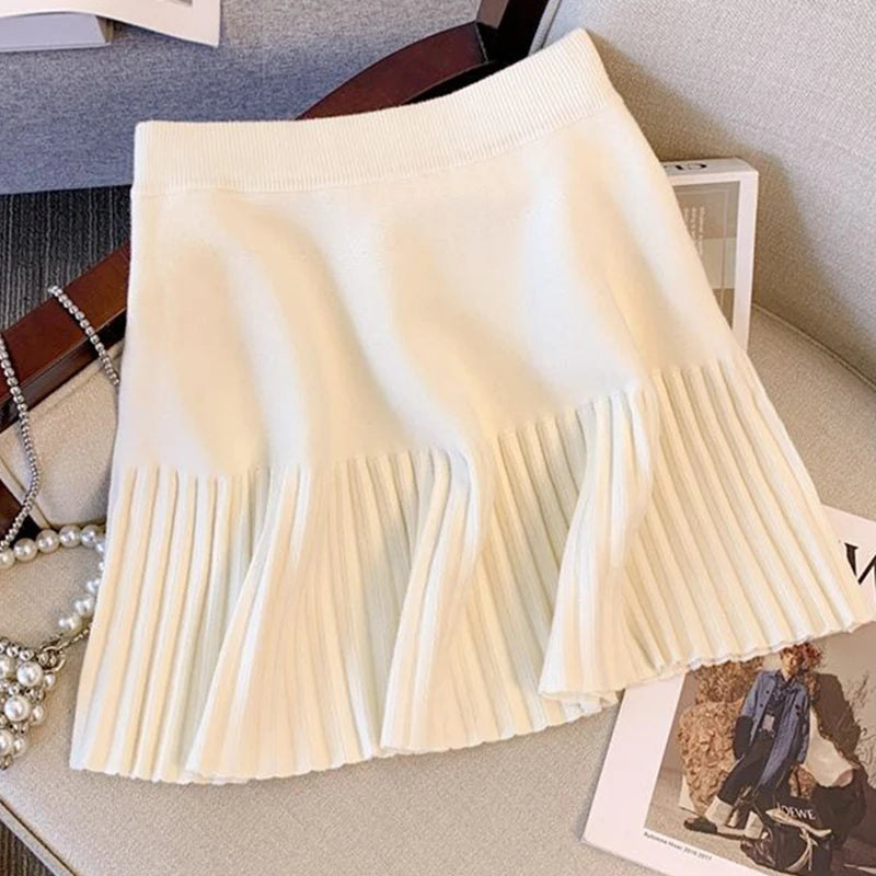 Gray Pleated Mini Skirts Sweet Knitted Skirts Sweet Elastic Waist Casual Youthful For Women's New In Clothing Solid Short Dress