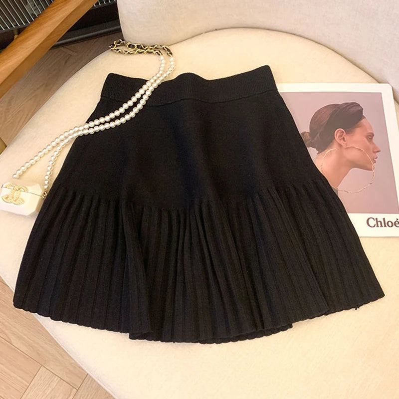 Gray Pleated Mini Skirts Sweet Knitted Skirts Sweet Elastic Waist Casual Youthful For Women's New In Clothing Solid Short Dress