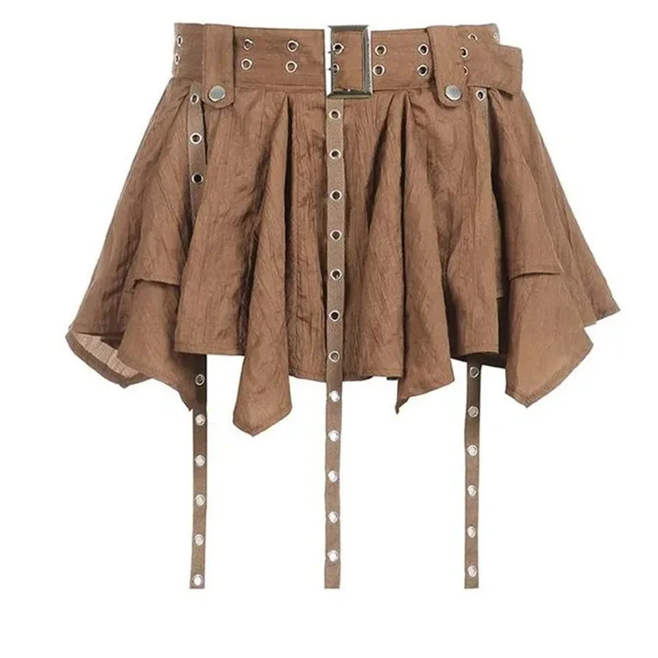 Vintage Spicy Girl Short Pleated Skirt Irregular Belt Mini Skirts Women'S Summer New Wasteland Heavy Embelliment Skirt Harajuku