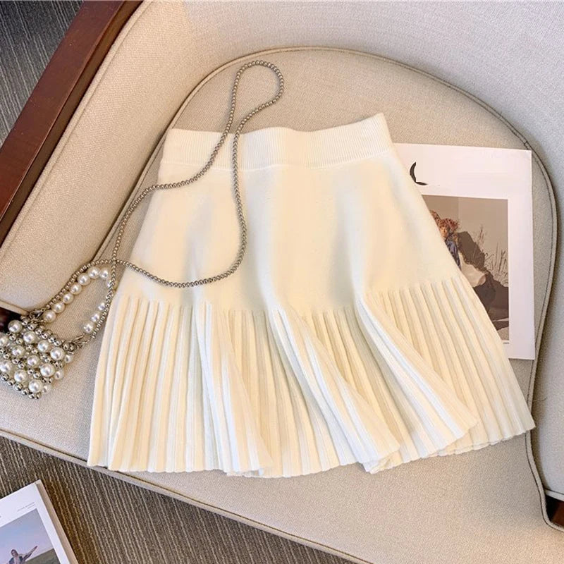 Gray Pleated Mini Skirts Sweet Knitted Skirts Sweet Elastic Waist Casual Youthful For Women's New In Clothing Solid Short Dress