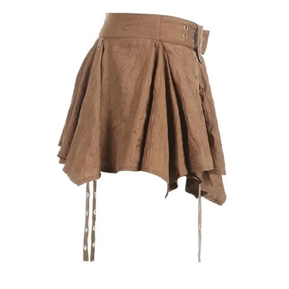 Vintage Spicy Girl Short Pleated Skirt Irregular Belt Mini Skirts Women'S Summer New Wasteland Heavy Embelliment Skirt Harajuku