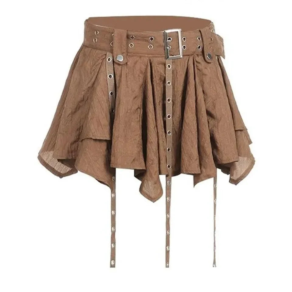 Vintage Spicy Girl Short Pleated Skirt Irregular Belt Mini Skirts Women'S Summer New Wasteland Heavy Embelliment Skirt Harajuku
